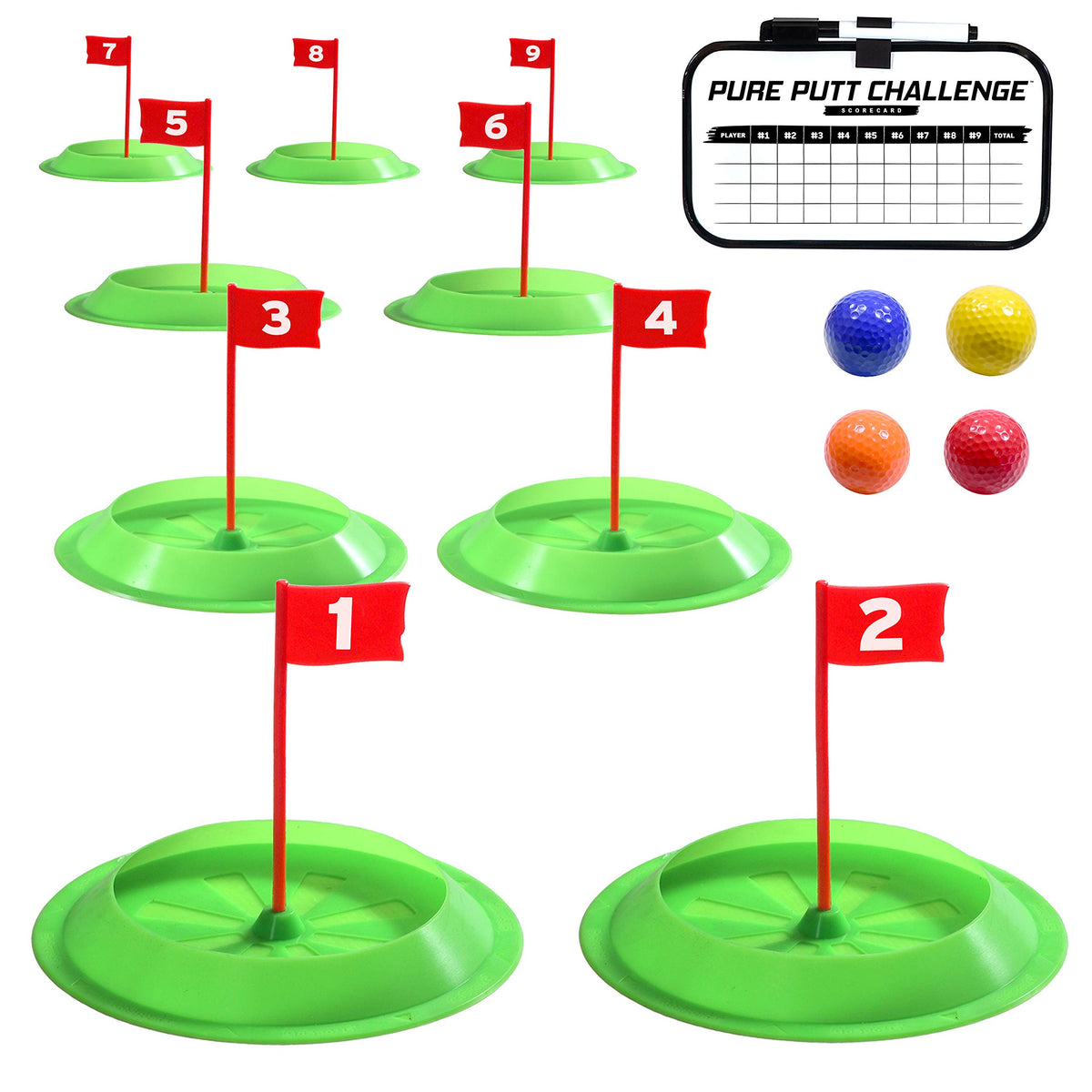 GoSports Pure Putt Challenge setup with nine holes for a customizable home mini-golf course