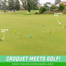 Flexible gate arrangement for a customizable Putt-Thru Croquet course.