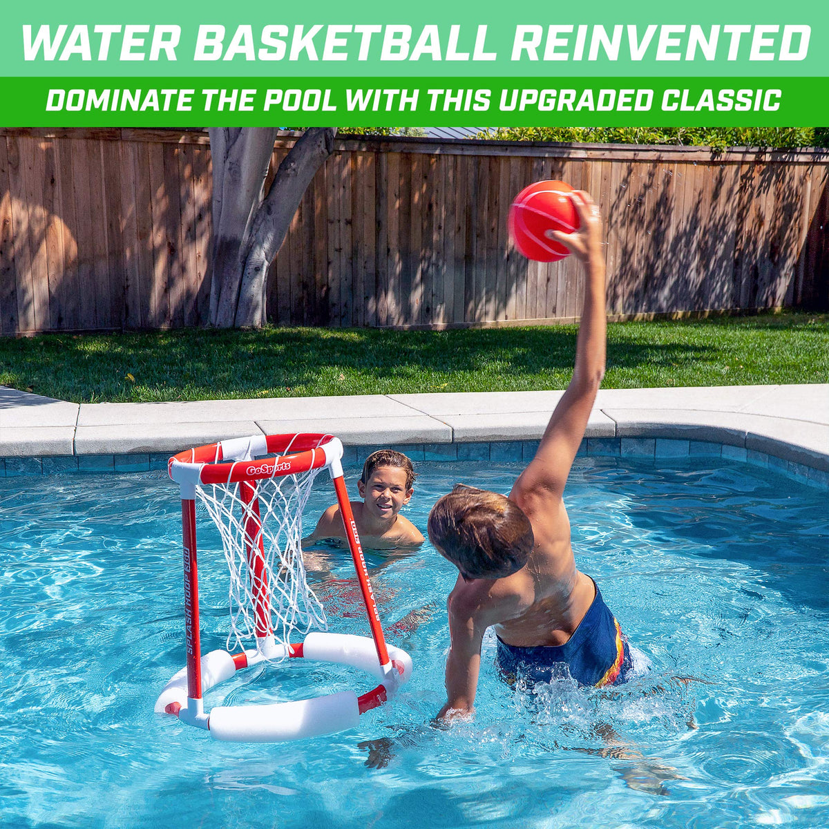 GoSports Splash Hoop 360 in-use pool scene enabling multi-player water basketball.