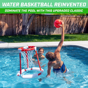 GoSports Splash Hoop 360 in-use pool scene enabling multi-player water basketball.