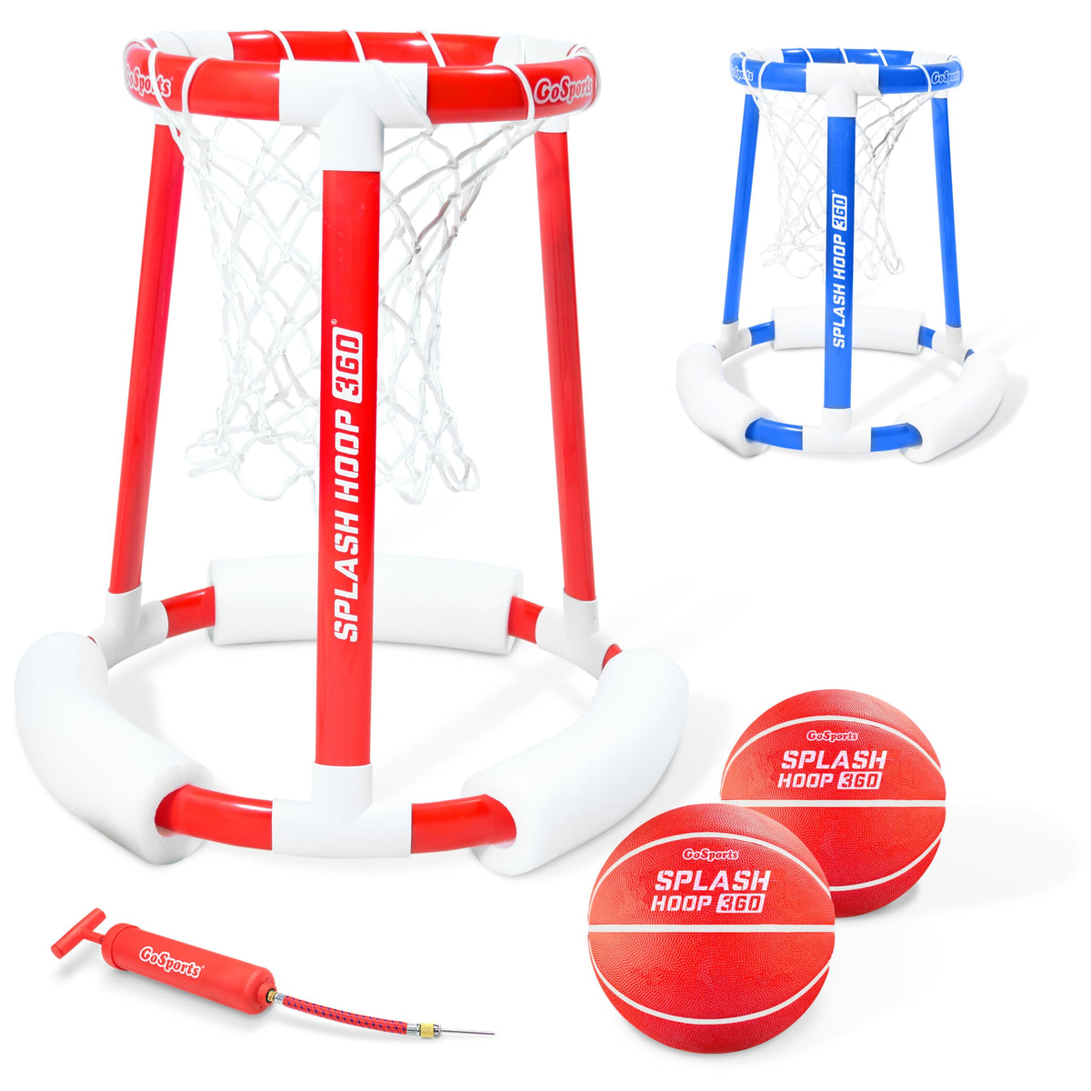 GoSports Splash Hoop 360 overview with floating pool hoop and included gear.