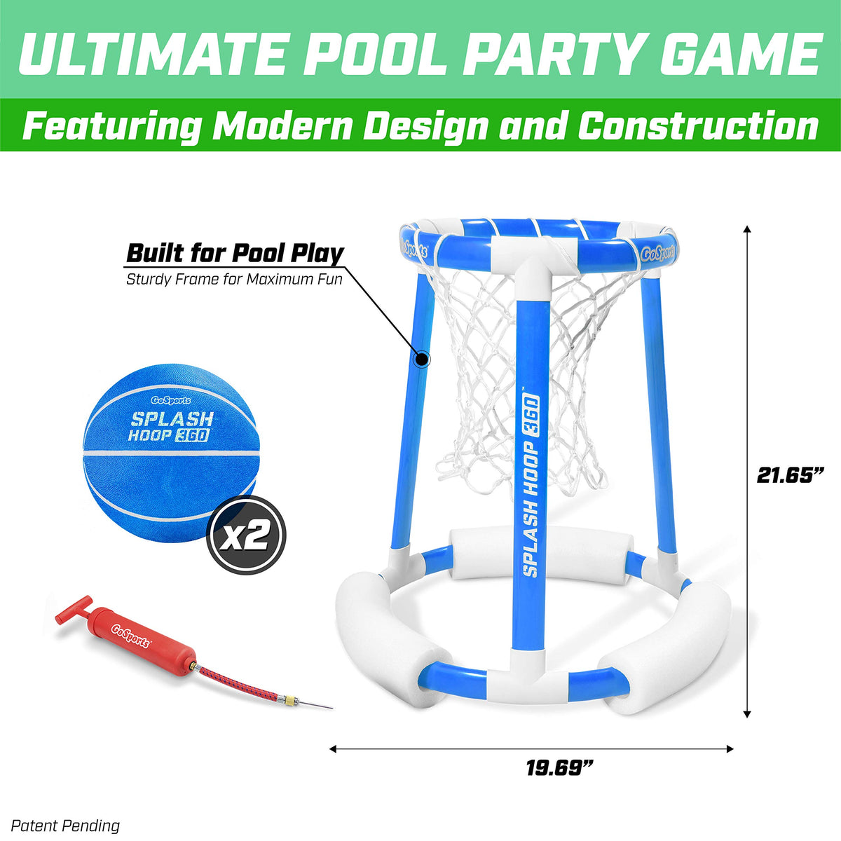 Pump included with GoSports Splash Hoop 360 keeps balls inflated longer.