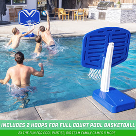 GoSports Splash Hoop adjustable net for versatile pool width, enabling easy volleyball setup.