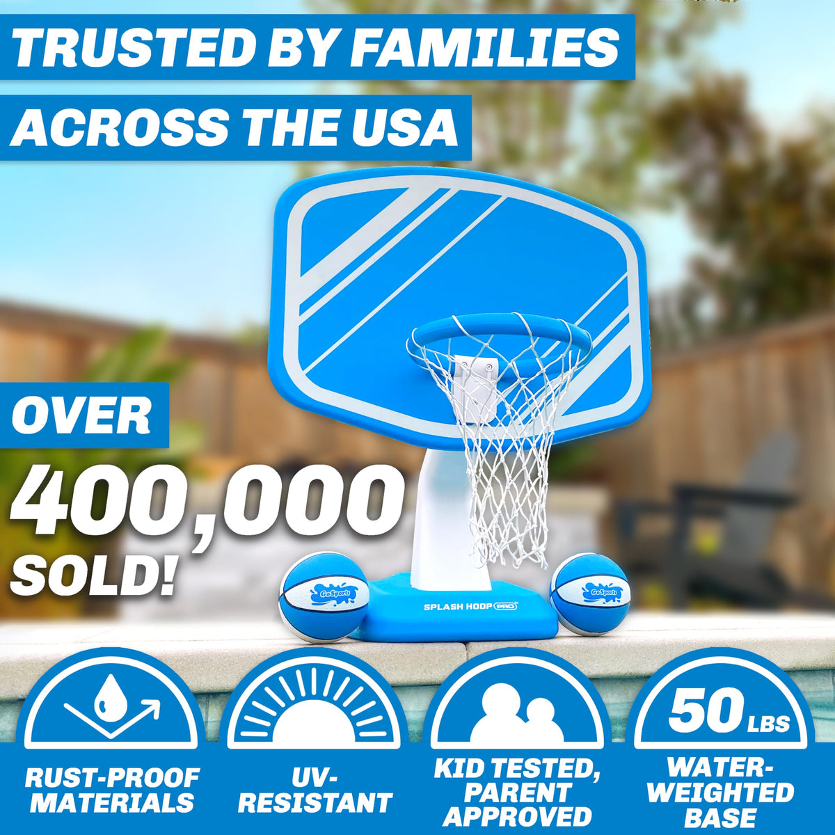 GoSports Splash Hoop Pro 14-inch rim design for pro-like scoring from the water.