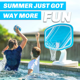 GoSports Splash Hoop PRO poolside setup at edge offers hassle-free pool party fun.