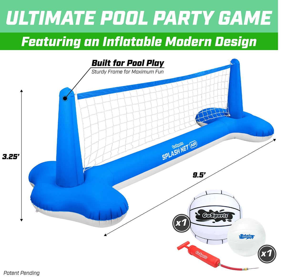 GoSports Splash Net Air XL volleyball included for stronger serves and versatility.