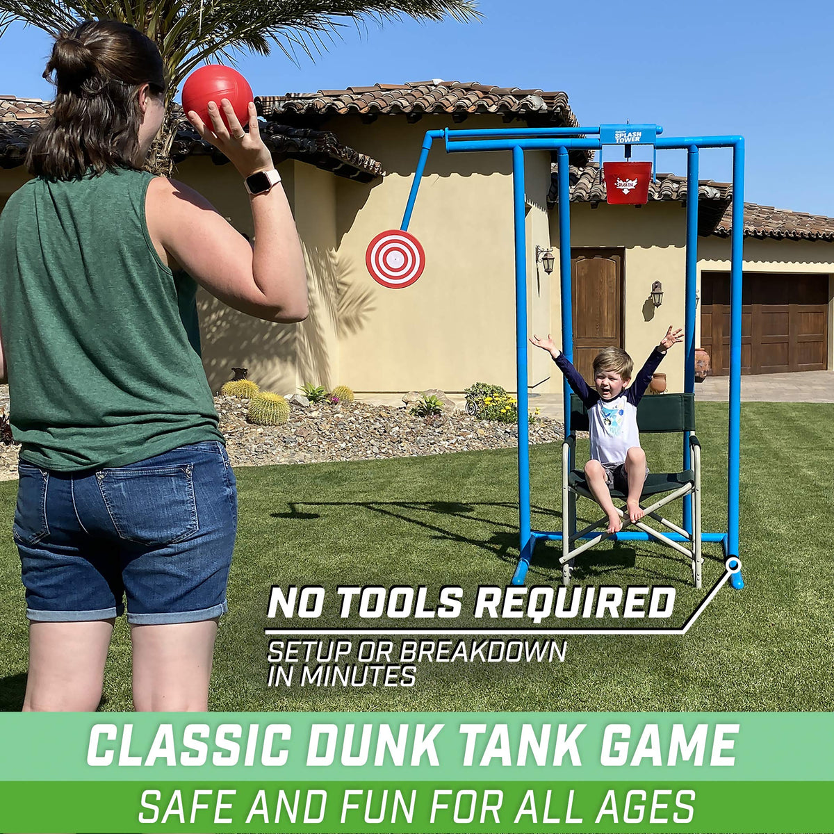 GoSports Splash Tower balls and pump showcase easy-to-use components for soaking fun.