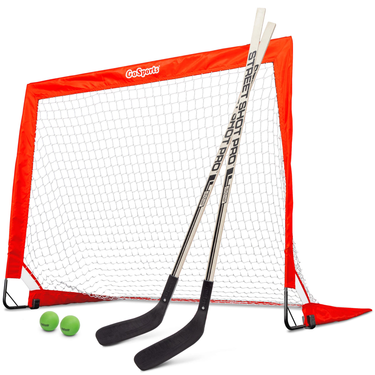 GoSports street hockey set with pop-up goal ready for quick setup and play