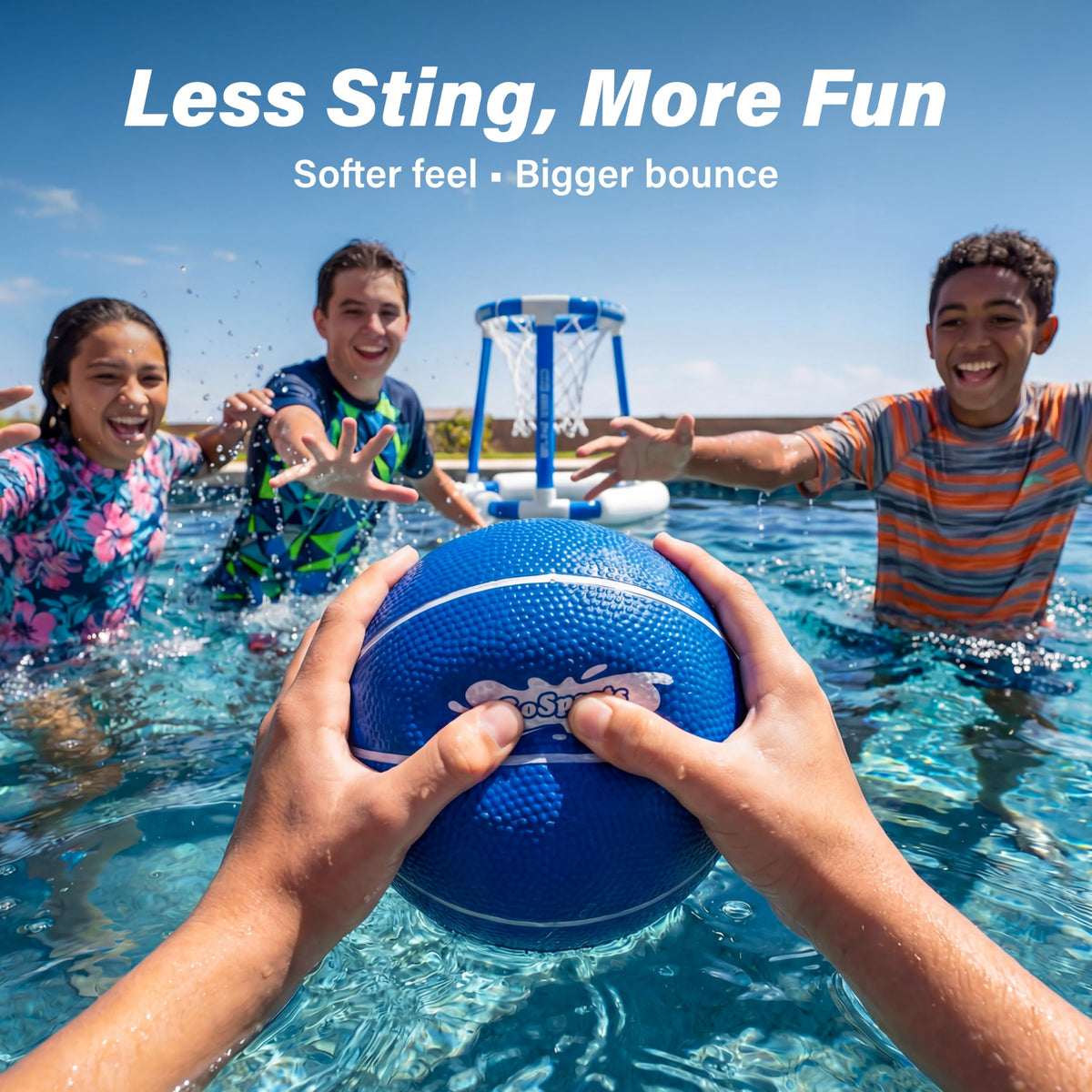 GoSports water basketball textured grip aids control during splashy pool games.