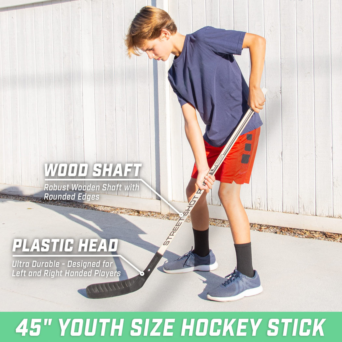 GoSports wooden hockey stick with durable plastic head for lasting play