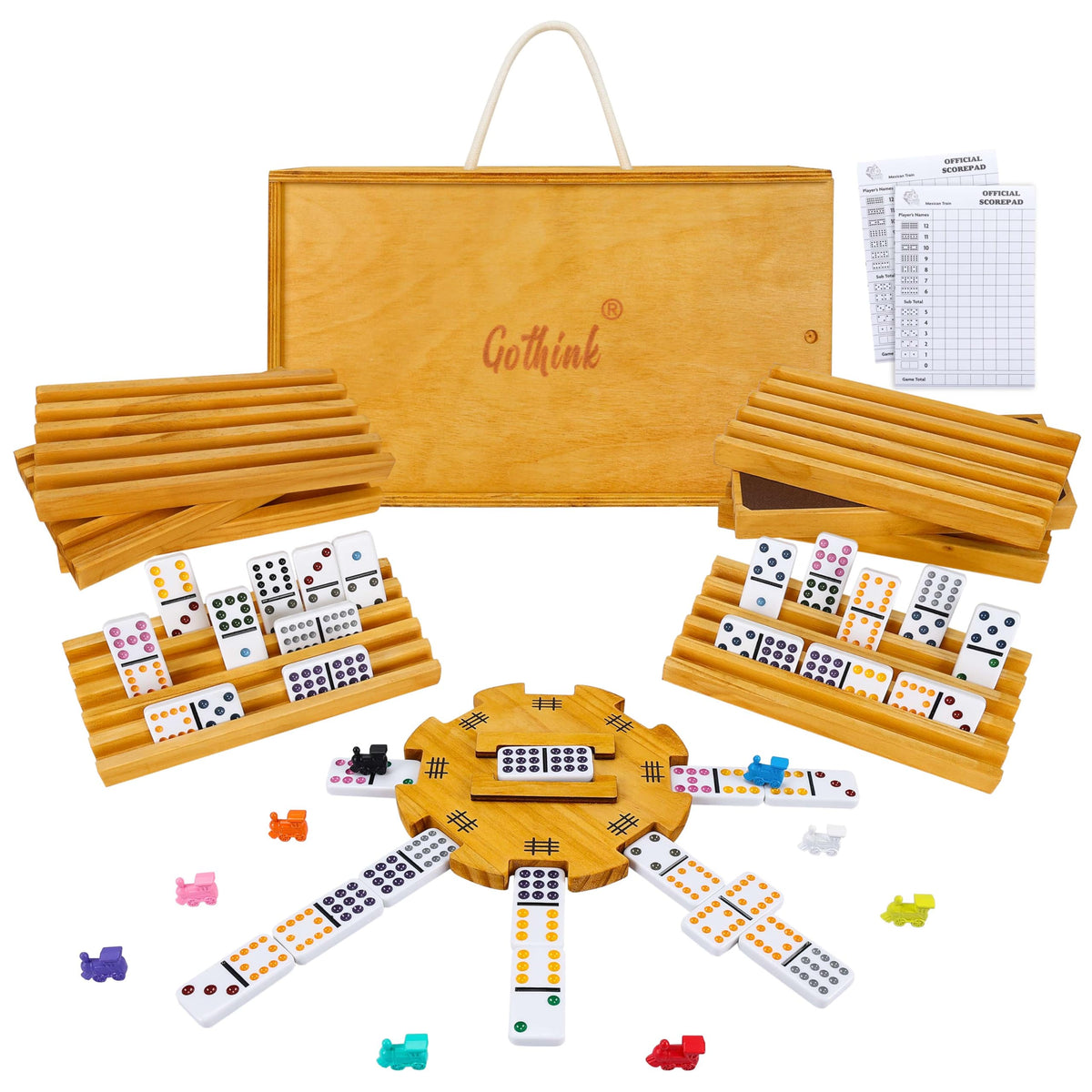 GOTHINK Mexican Train Dominoes Set box shows organized packaging for gift-ready presentation