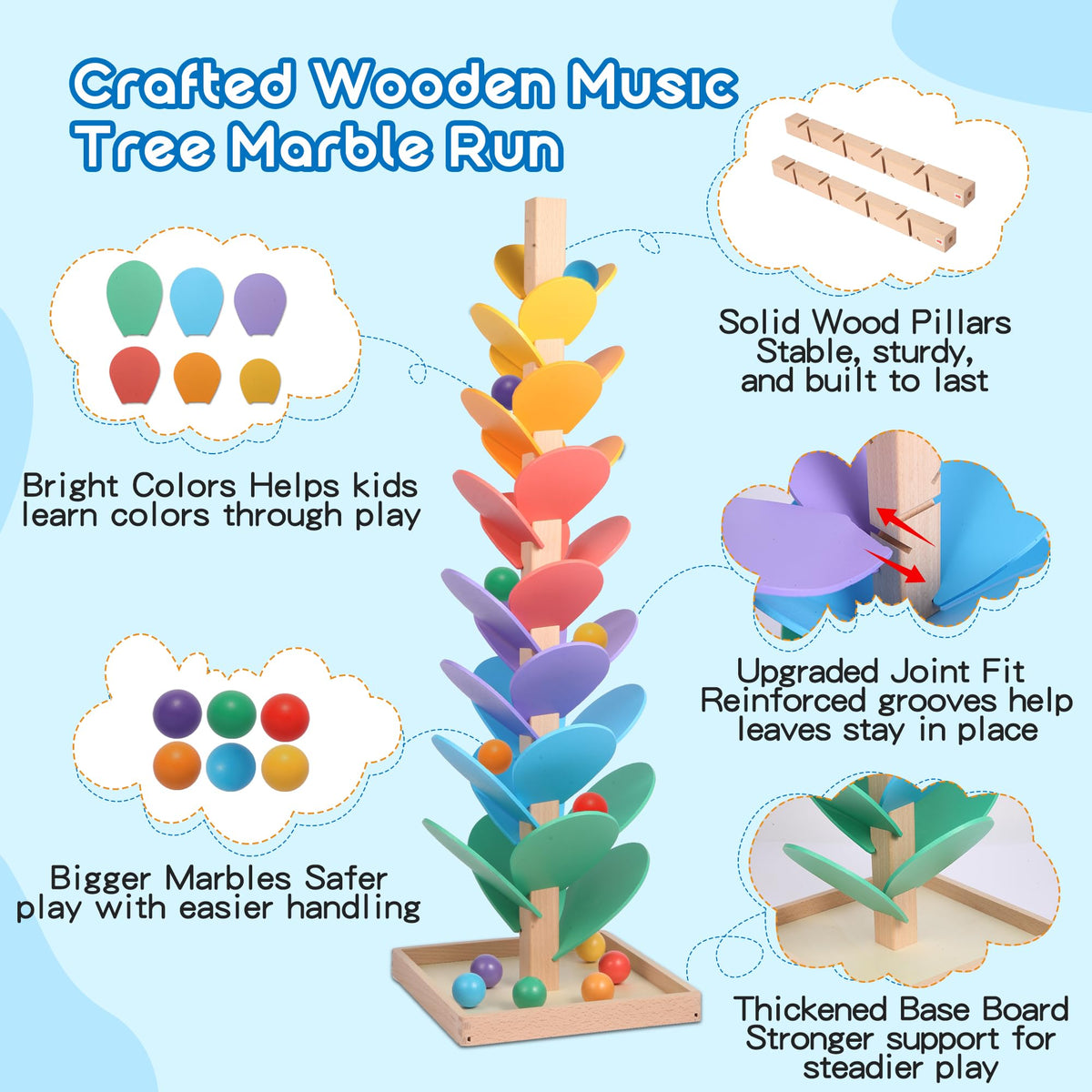GOTOOFUN extra-large 3cm marbles promote safe, easy grip for small hands.