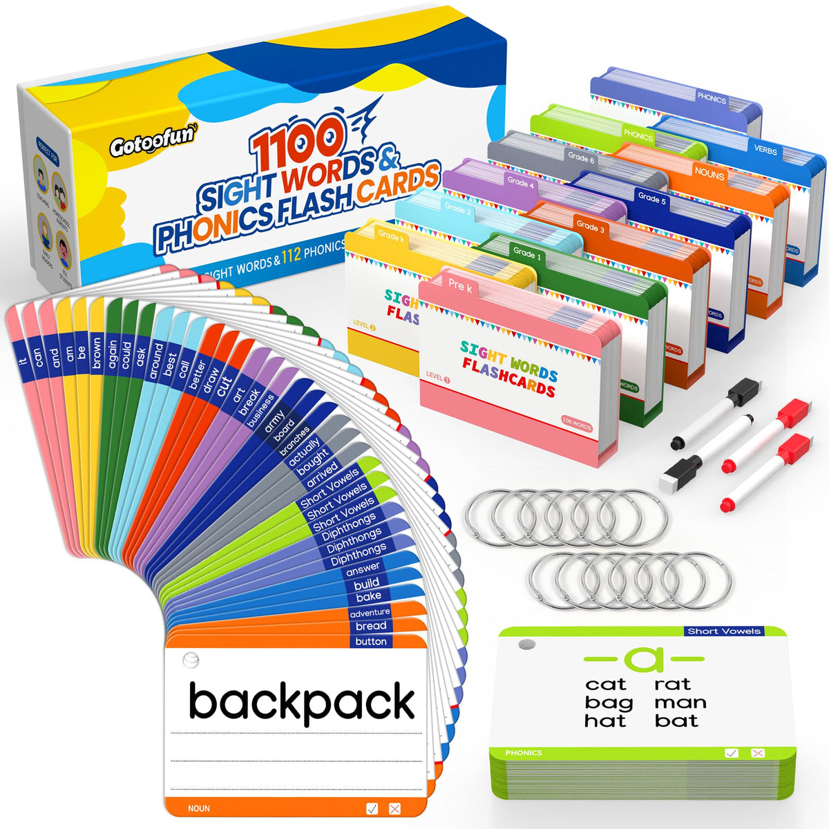 Gotoofun 1180 sight words flash cards on table for guided reading practice
