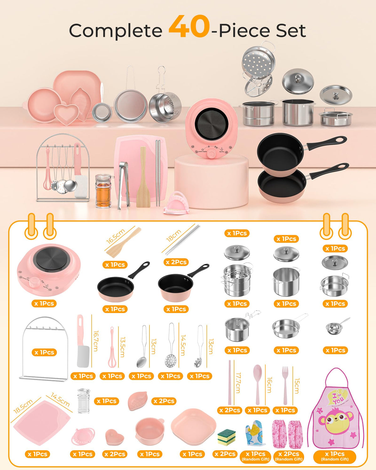 Gotoofun cookware including pot, frying pan, and steamer for realistic pretend meals.