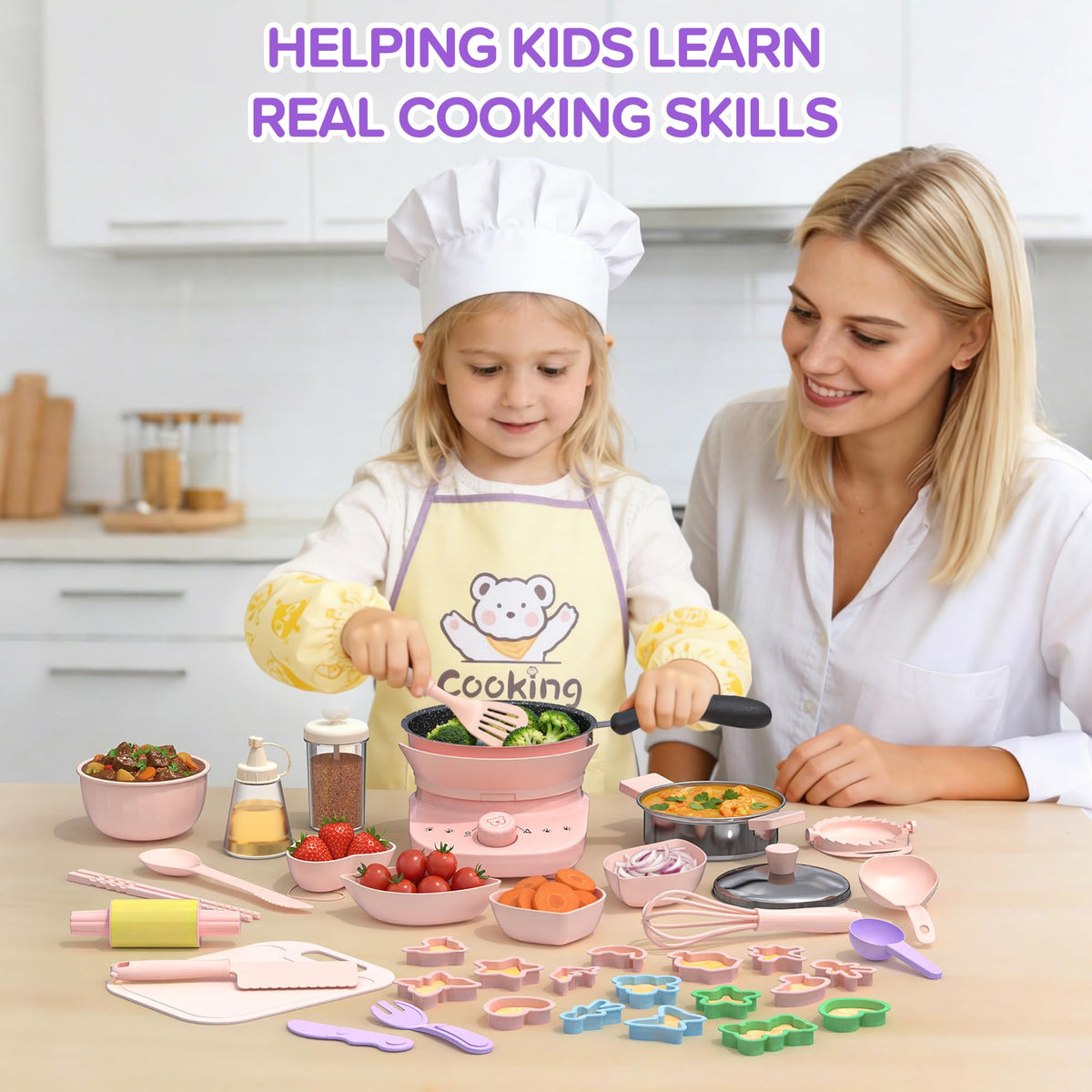 Gotoofun apron and gloves set protects young chefs during cooking activities.