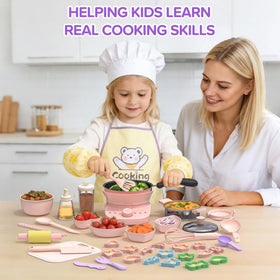 Gotoofun apron and gloves set protects young chefs during cooking activities.