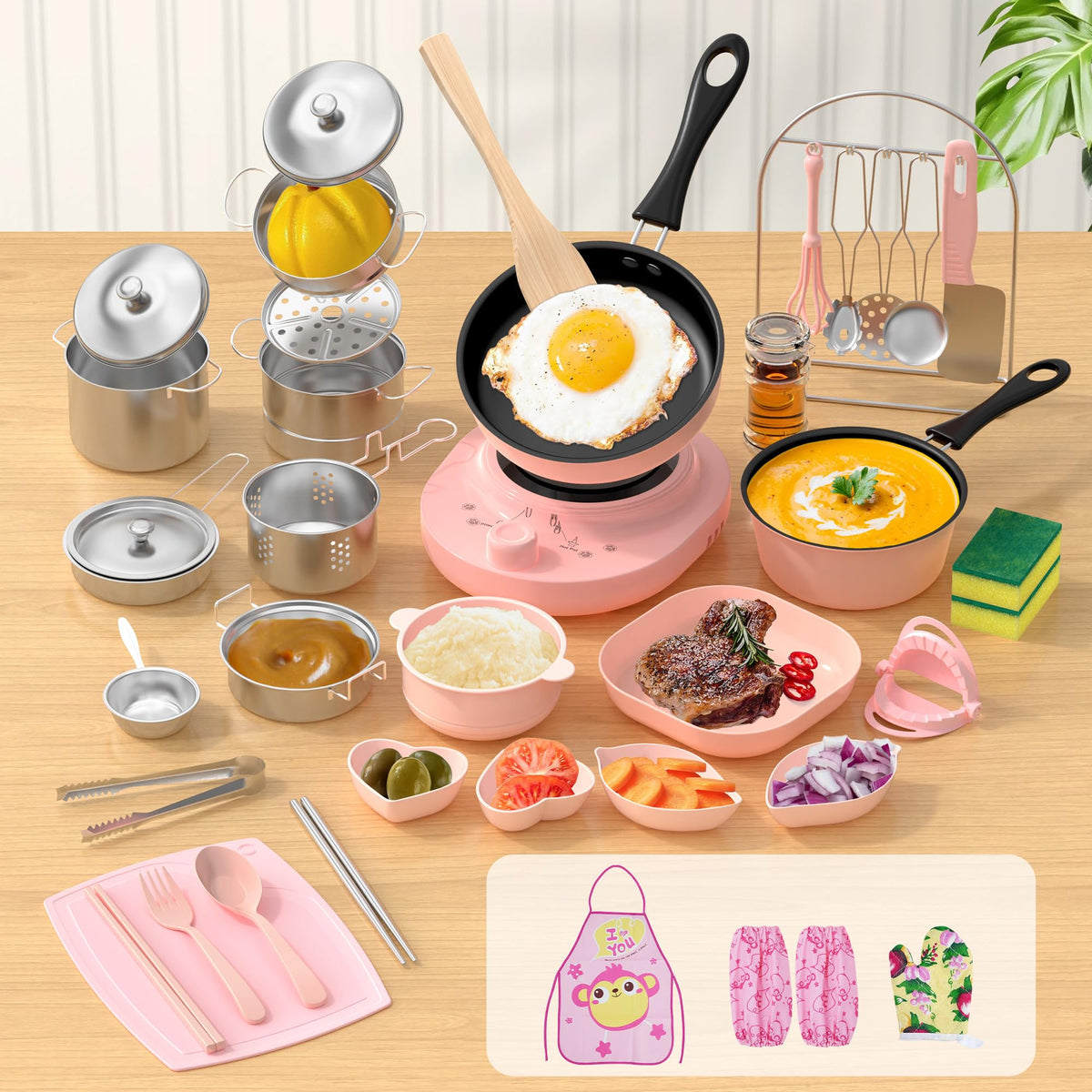 Gotoofun pink little-chef-kit set up for kids to practice real cooking safely