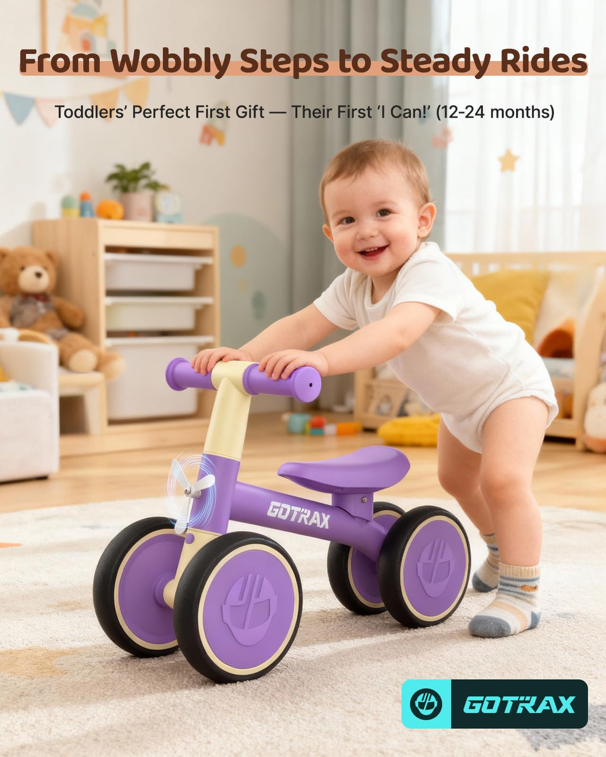 Gotrax Baby Balance Bike designed for ages 12–24 months to learn balance and walking
