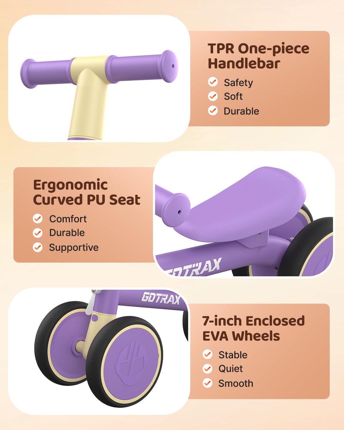 Gotrax Baby Balance Bike EVA wheels offer quiet, smooth rides