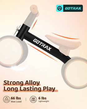 Gotrax Baby Balance Bike rear wheels offer quiet rolling for indoor practice.