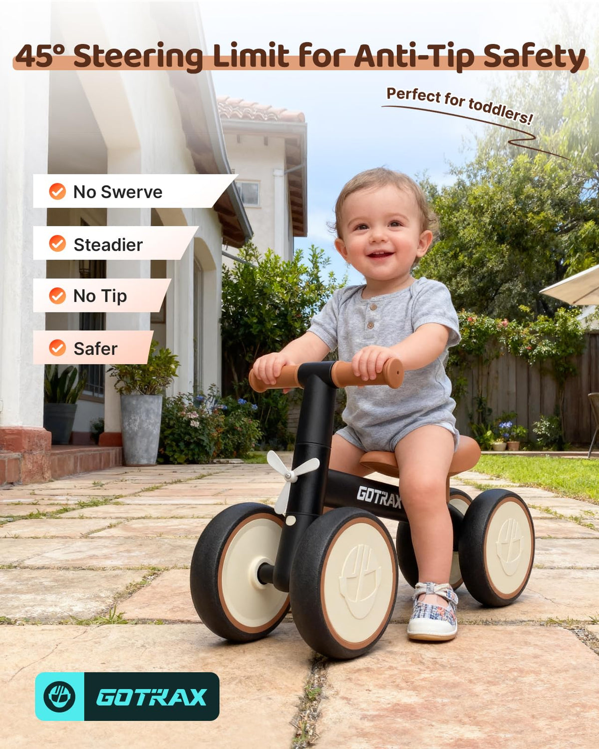 Gotrax Baby Balance Bike soft seat delivers comfortable rides during balance learning.