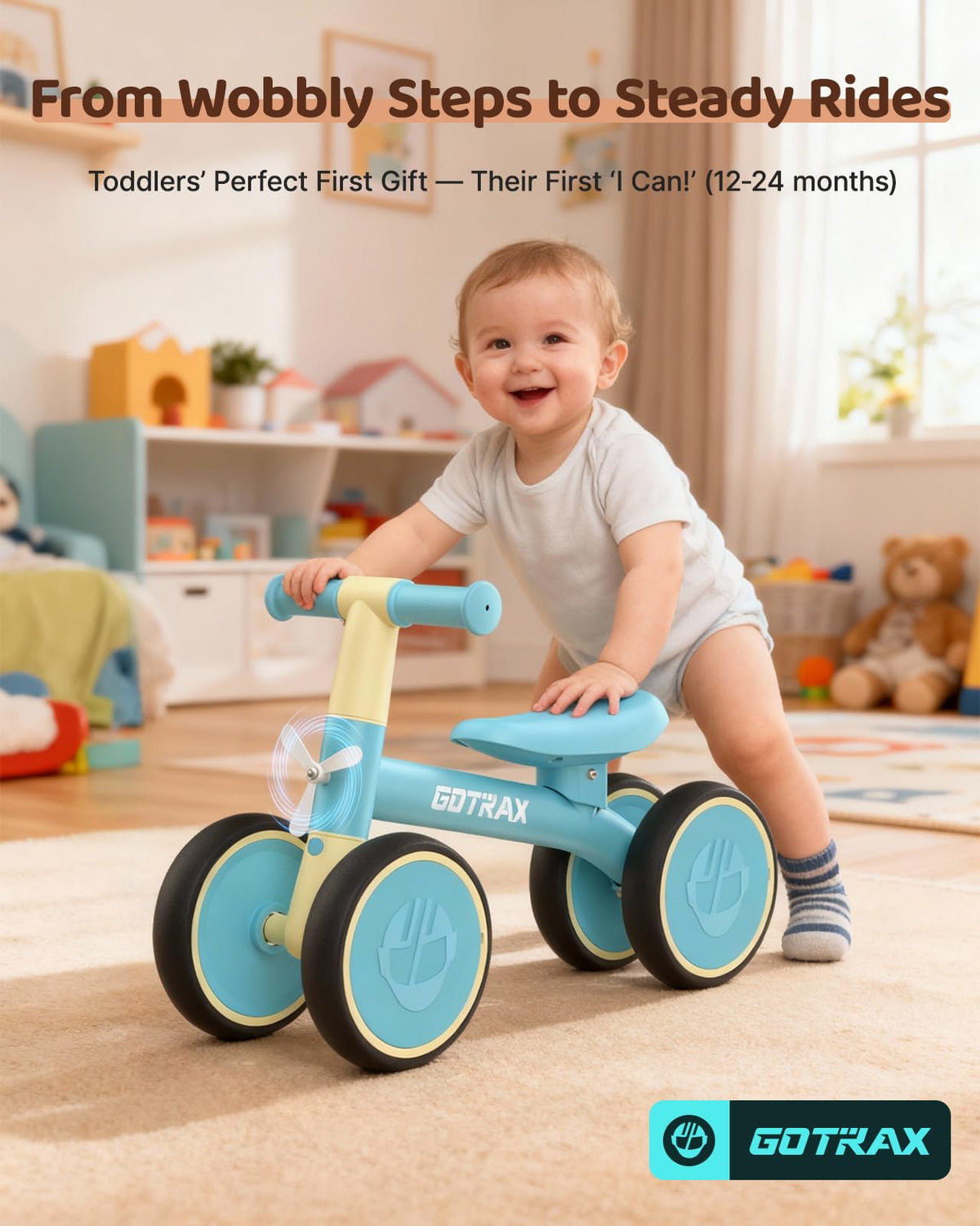 Ages 12–24 months ideal for first standing walking sessions.