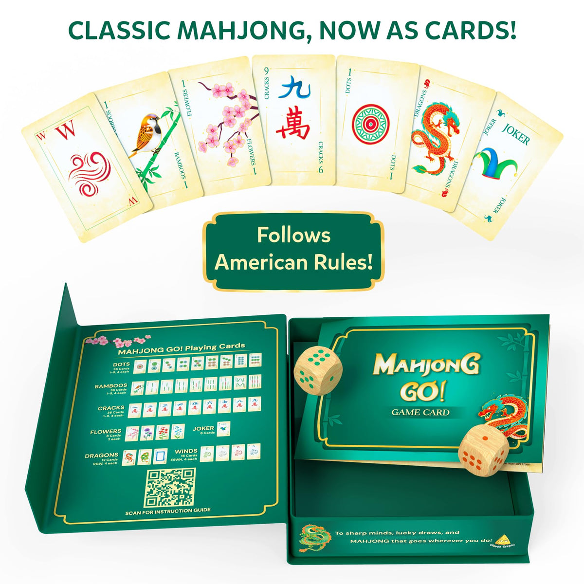 Gouda Games Mahjong Go! cards and dice enable quick, tabletop strategy.