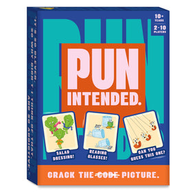 Gouda Games Pun Intended game cards laid out for fast laughter and guessing.