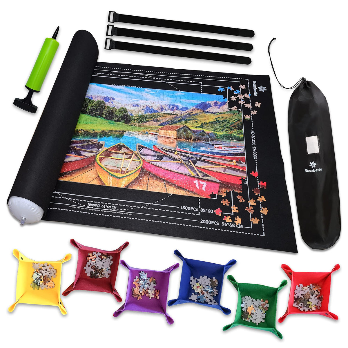 Gourbette black puzzle mat roll-up supports up to 2000 pieces for organized puzzling.