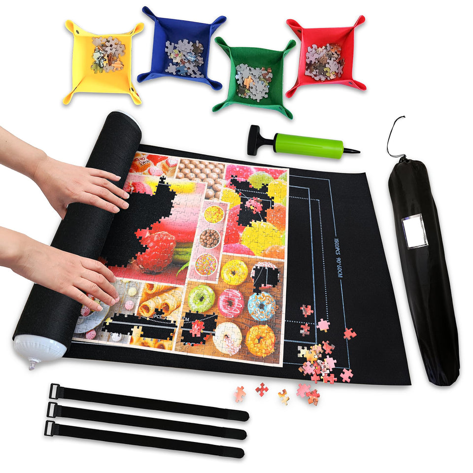 Gourbette roll-up puzzle mat in black keeps pieces in place for smooth puzzling.