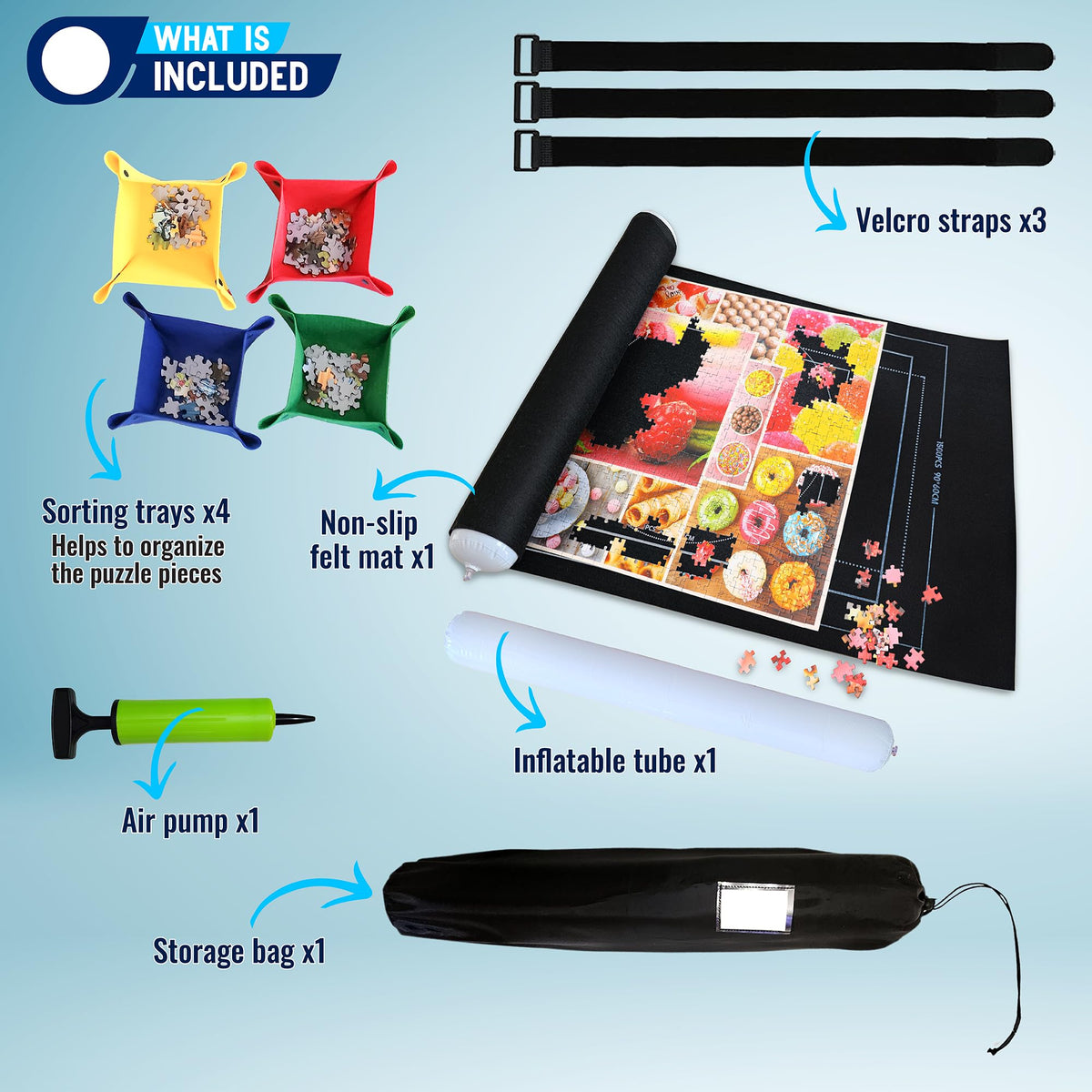 Gourbette sorting trays organize pieces by color or section for easy assembly.
