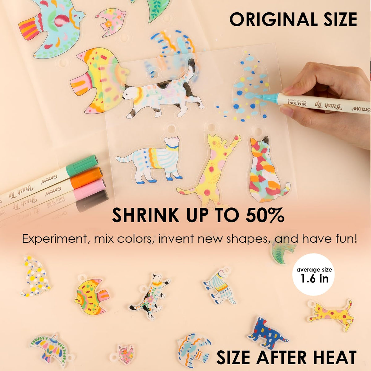 Grabie GeoZoo shrink process illustration showing the bake-and-shrink moment.