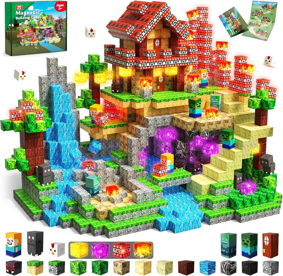 GraceDuck 400-pcs magnetic blocks with LED lights for imaginative castle building.