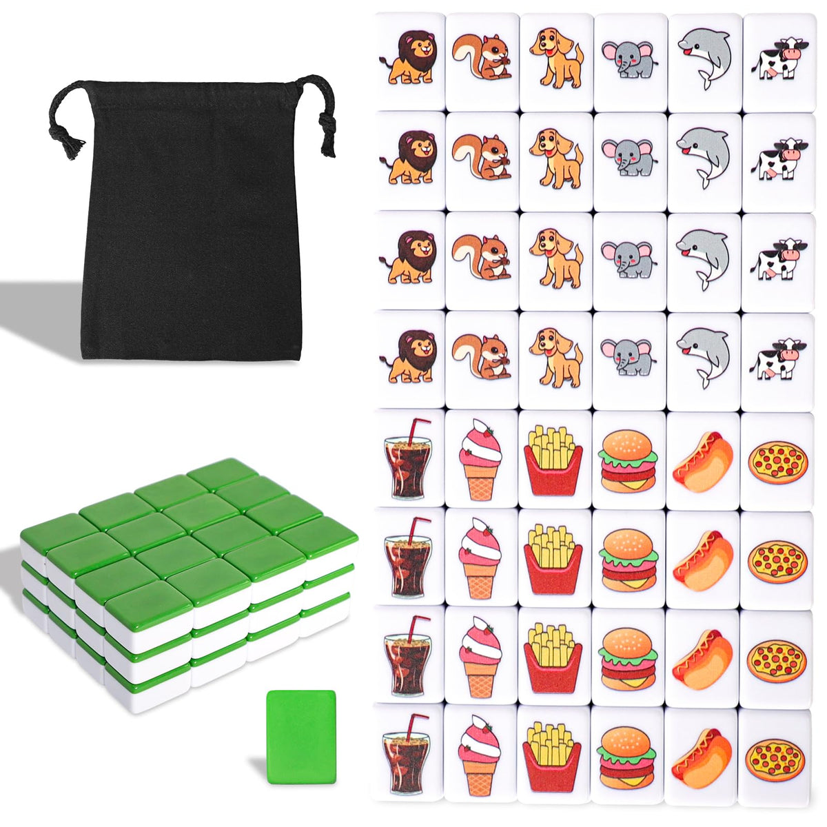 GRACIAS Mahjong tiles in green animal and food patterns for lively play.