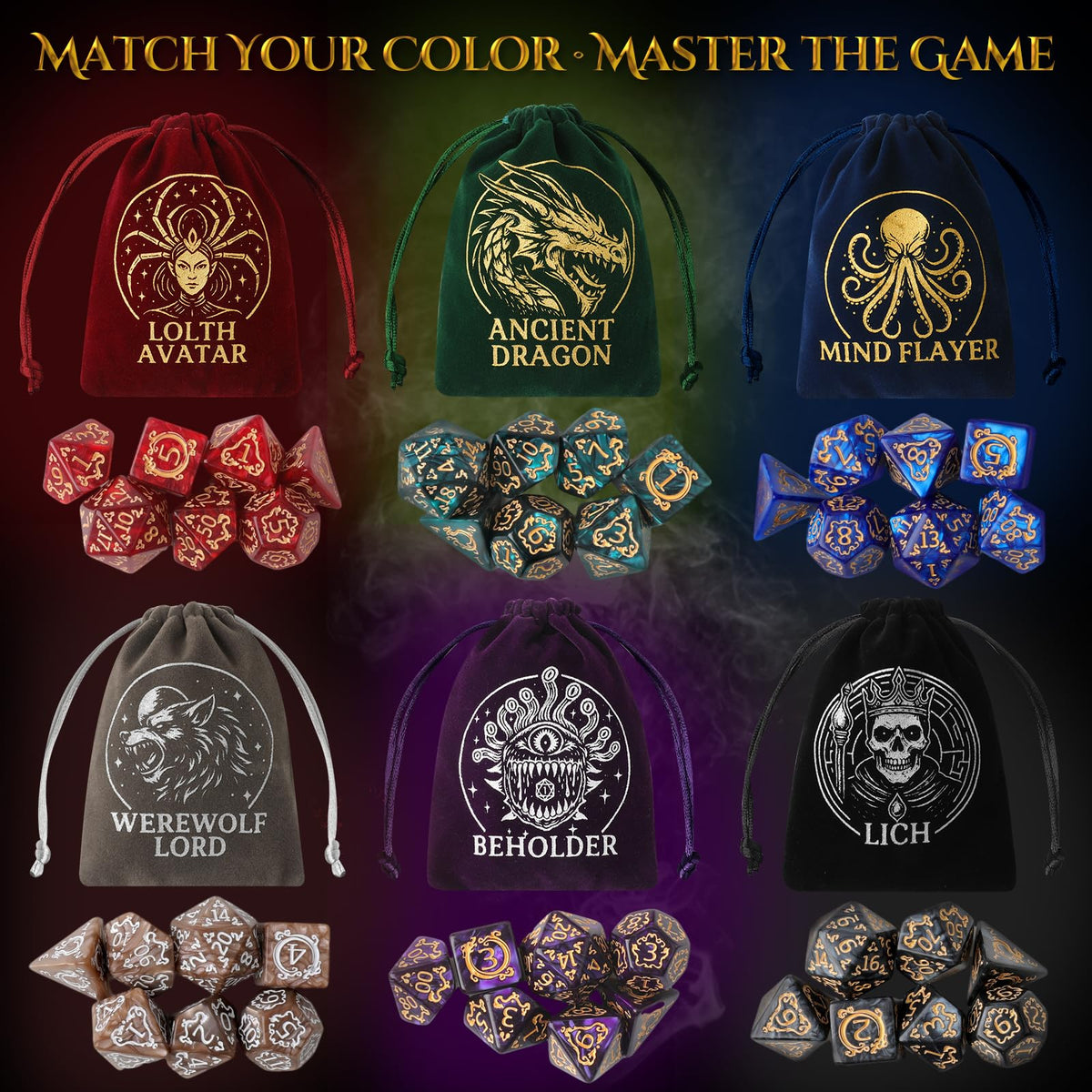 Grajar six-color velvet pouches organize and protect dice sets.