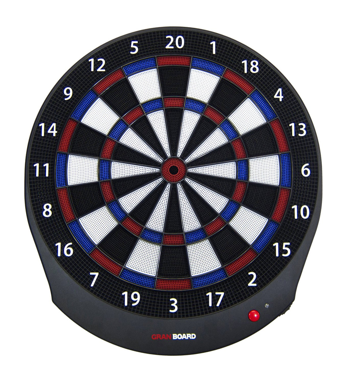 GranBoard Dash Blue electronic dartboard front view shows compact size for home play.
