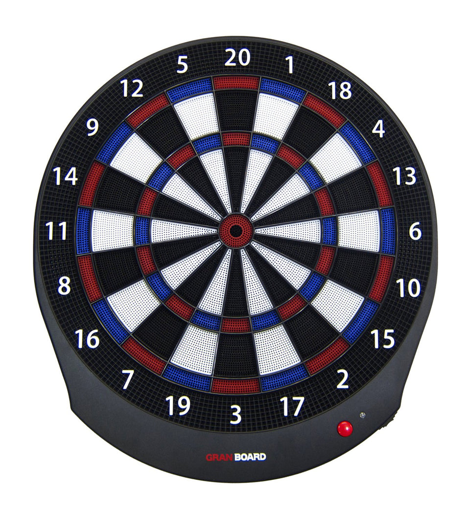 GranBoard Dash Blue electronic dartboard front view shows compact size for home play.