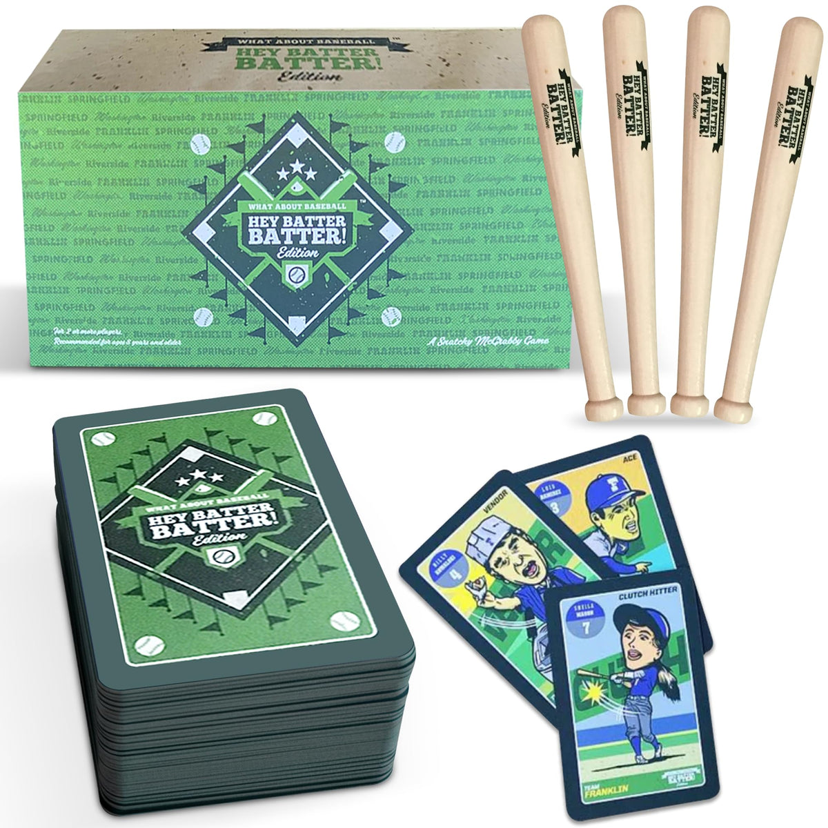 Grandma Smiley's Hey Batter Batter card deck with colorful players for fast-paced family play.