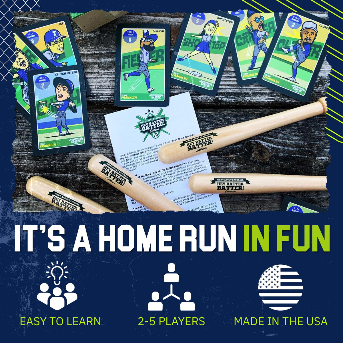 Grandma Smiley's Hey Batter Batter four wooden bats shown for authentic tactile gameplay.