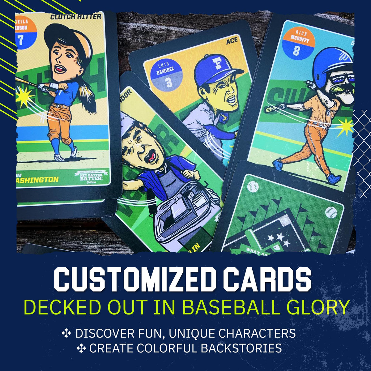 Grandma Smiley's Hey Batter Batter cards feature custom characters for storytelling fun.