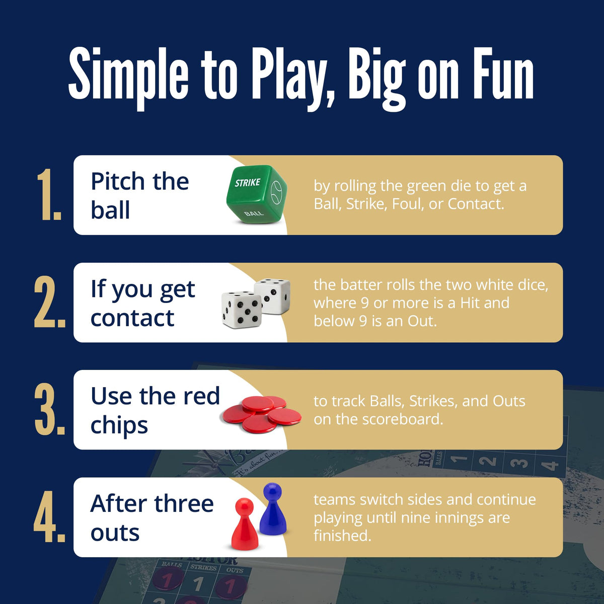 Grandma Smiley's Baseball Board Game rule book opened for basic and advanced plays.