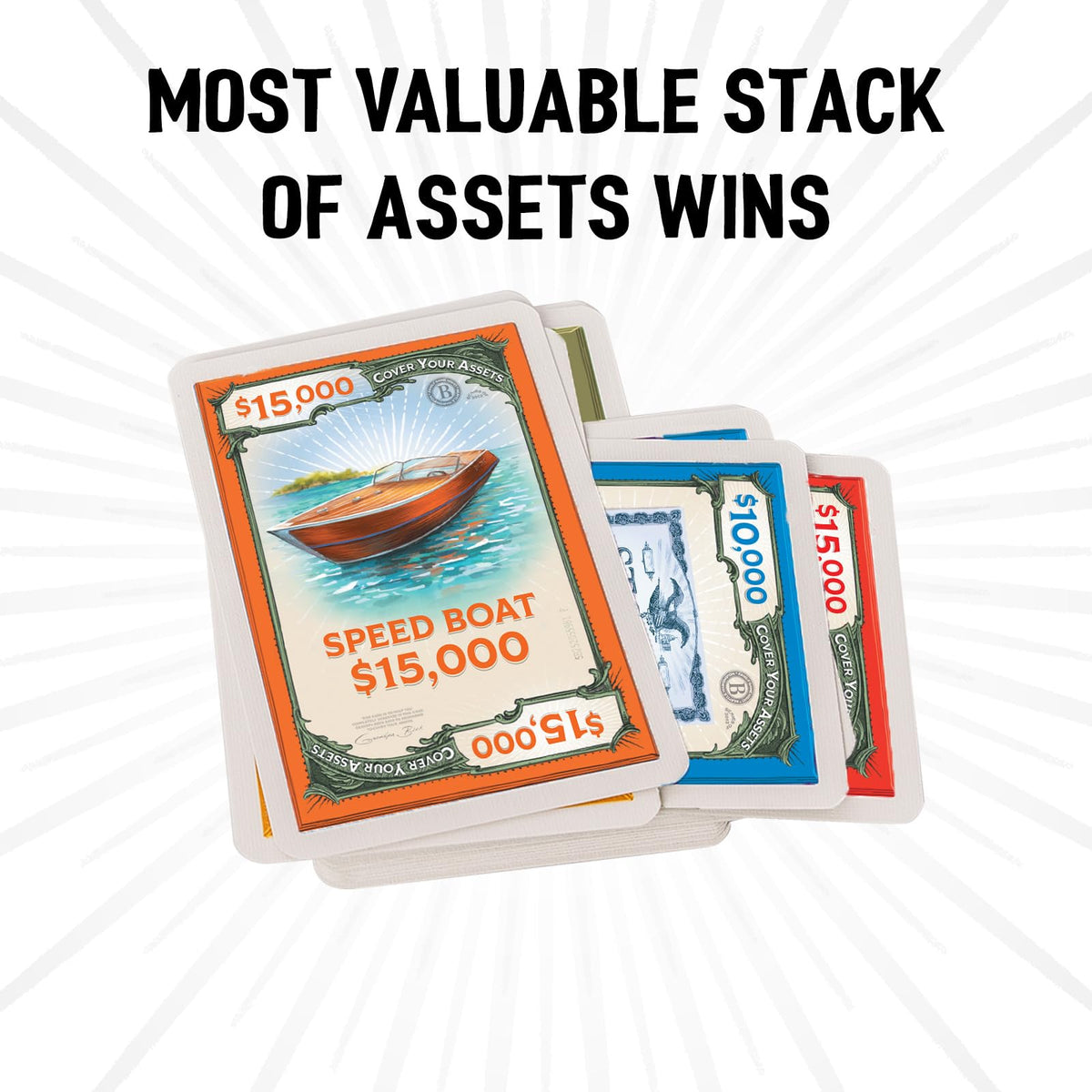 Towers of asset stacks rise as players bid and bluff.