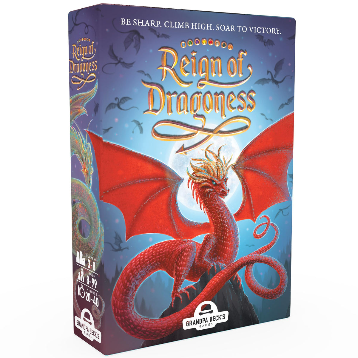 Grandpa Beck's Dragons Reign box front invites family game night.