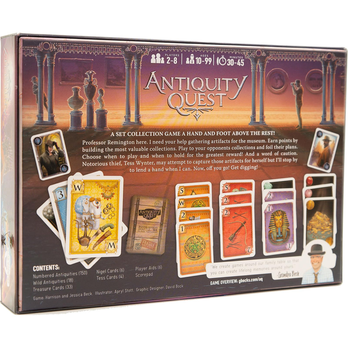 Grandpa Beck's Games Antiquity Quest multiplayer setup shown for 2–6 players.