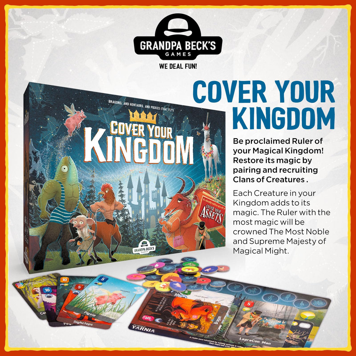 Cover Your Kingdom game components arranged for quick setup during family game night