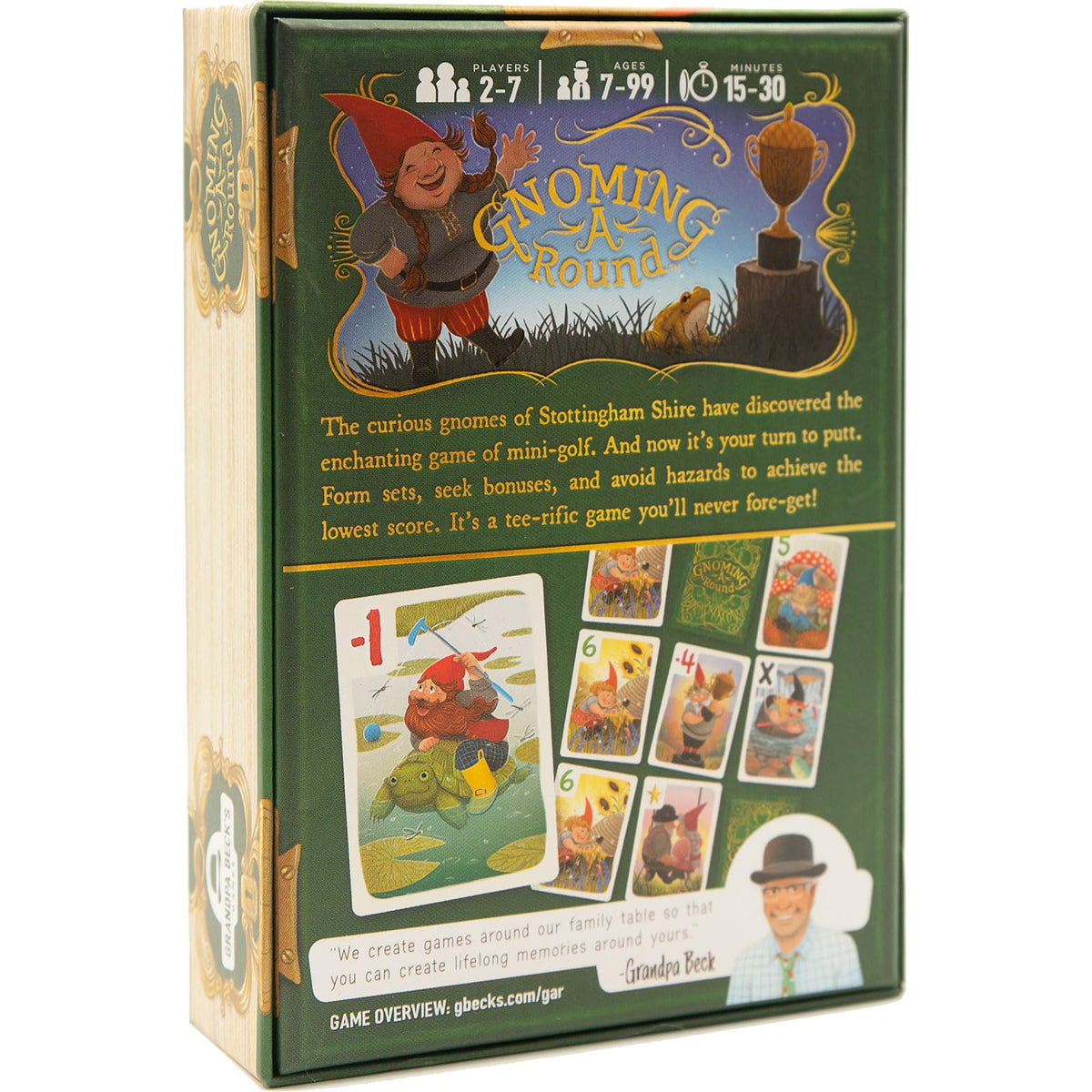 Grandpa Beck's Gnoming A Round card design showcases whimsical gnomes and playful imagery.