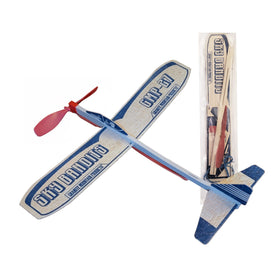 Granite Mountain Products rubber-band propeller plane with landing gear, ready for backyard flights
