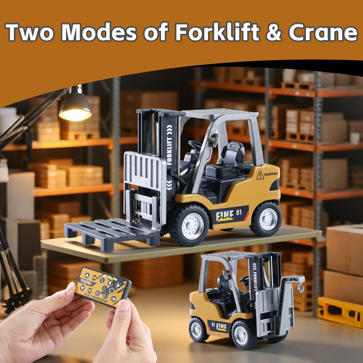 GRANTLEY remote control forklift action shown from the side for realistic operation.