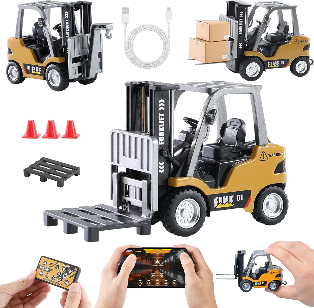 GRANTLEY RC forklift toy with front view showcases lifelike detail for imaginative play.