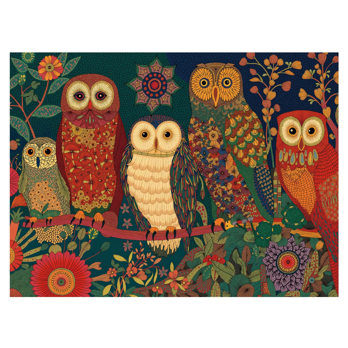 Graphinee Owl Puzzle: five owls on a branch, serene wall decor and family activity